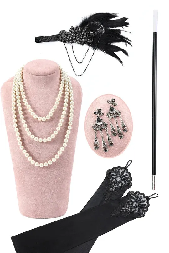 Black Sequined Long Sleeves 1920s Gatsby Flapper Party Dress with 20s Accessories Set sold by Zapaka product image thumbnail 2