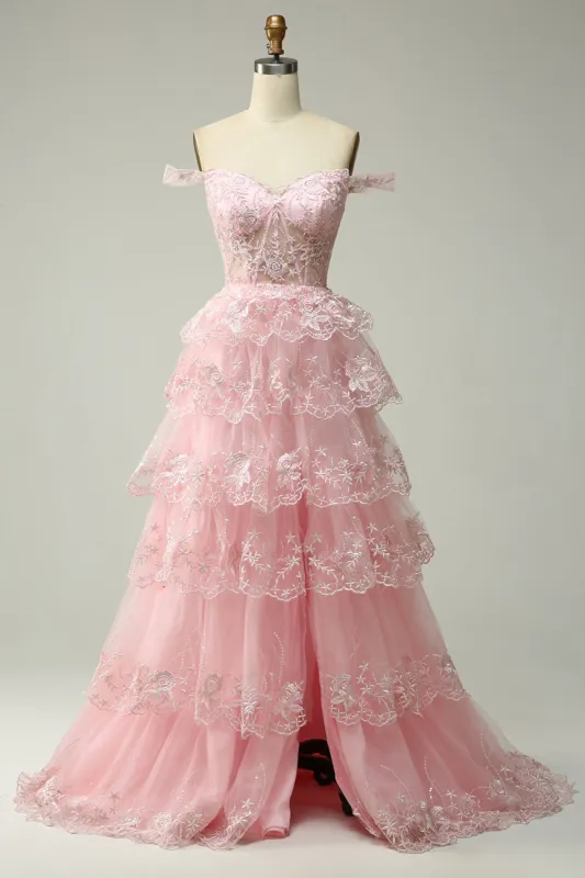Princess A Line Off the Shoulder Pink Long Prom Dress with Appliques sold by Zapaka