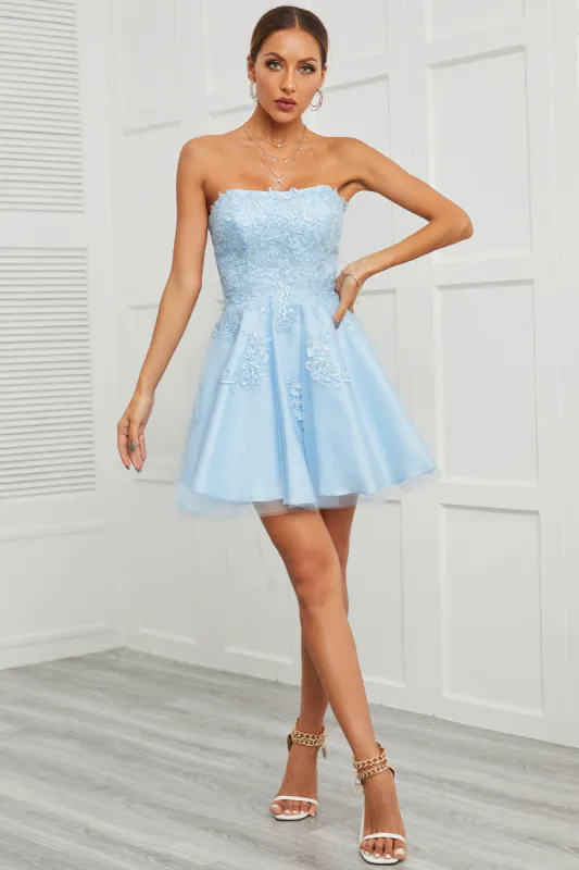 Blue Tulle Short Prom Dress with Appliques sold by Zapaka
