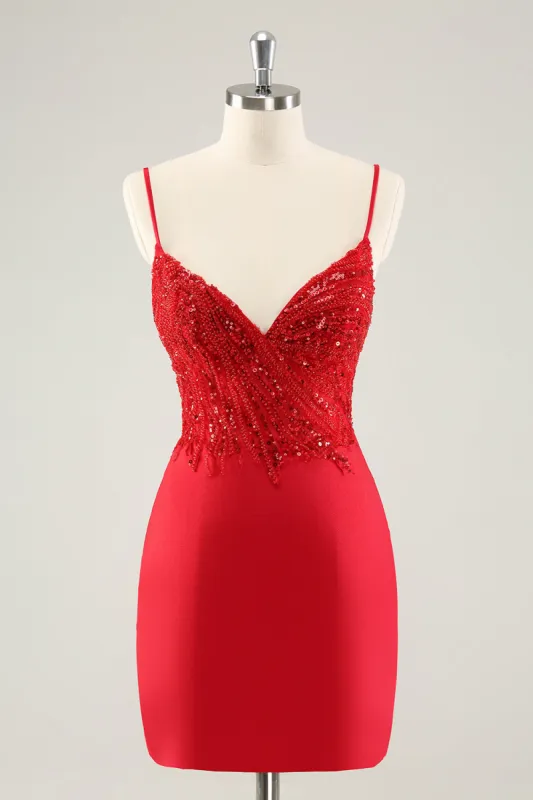 Sparkly Red Bodycon Spaghetti Straps Homecoming Dress with Sequins sold by Zapaka