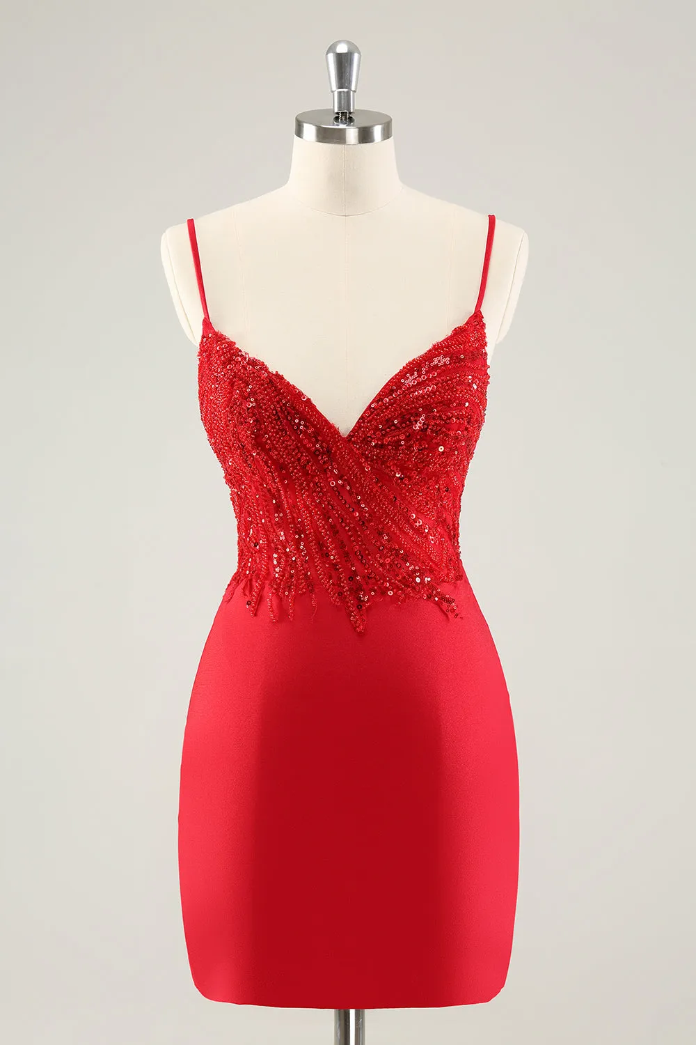 Sparkly Red Bodycon Spaghetti Straps Homecoming Dress with Sequins sold by Zapaka