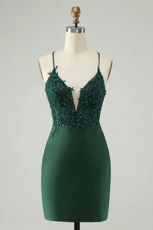Glitter Dark Green Tight V Neck Beaded Homecoming Dress made by Zapaka