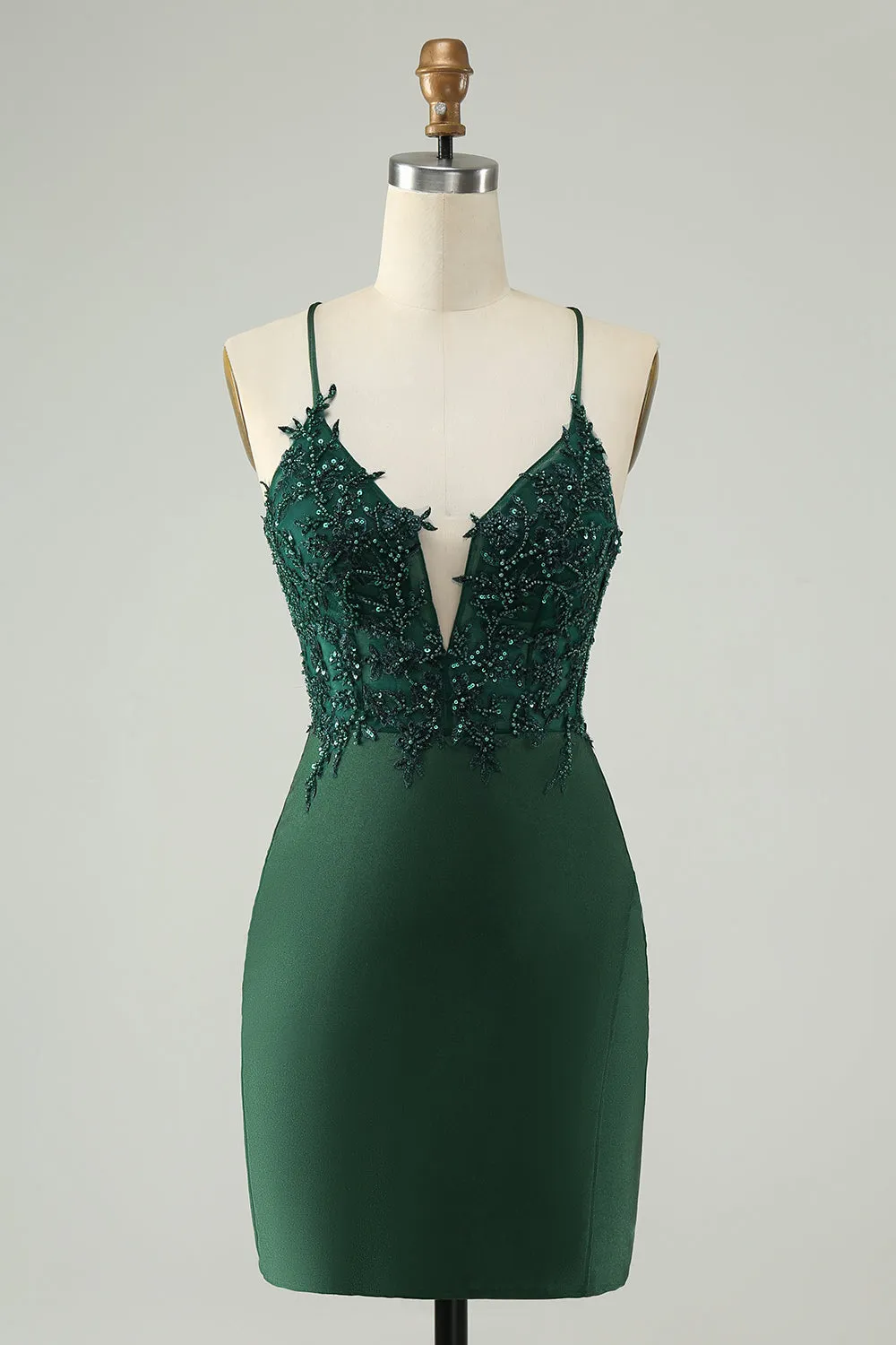 Glitter Dark Green Tight V Neck Beaded Homecoming Dress sold by Zapaka