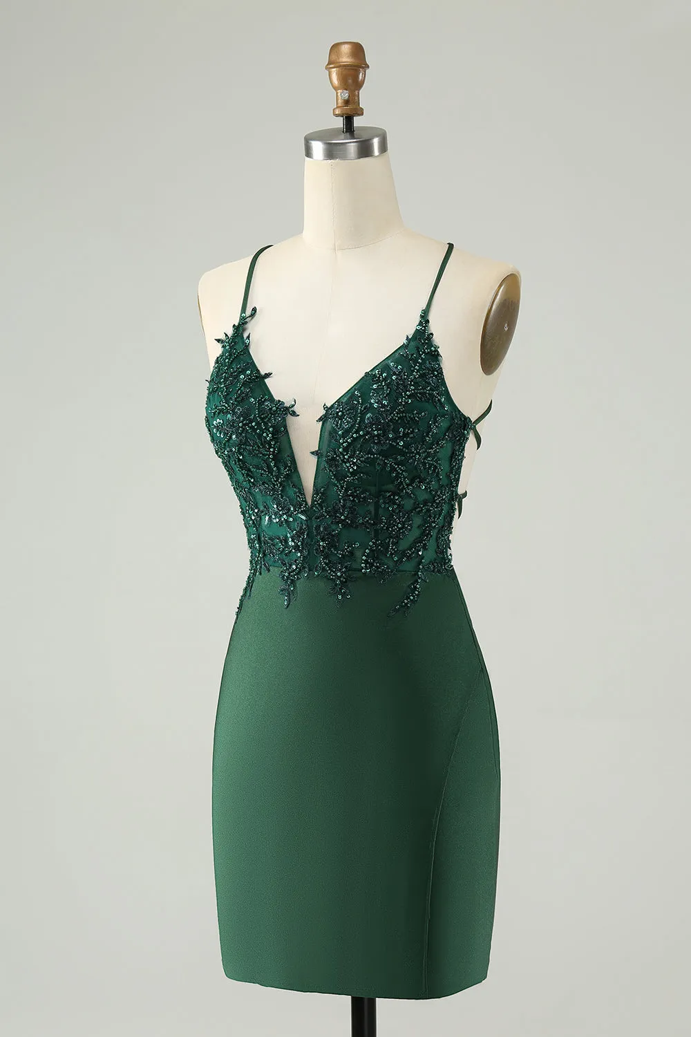 Glitter Dark Green Tight V Neck Beaded Homecoming Dress sold by Zapaka product image thumbnail 3