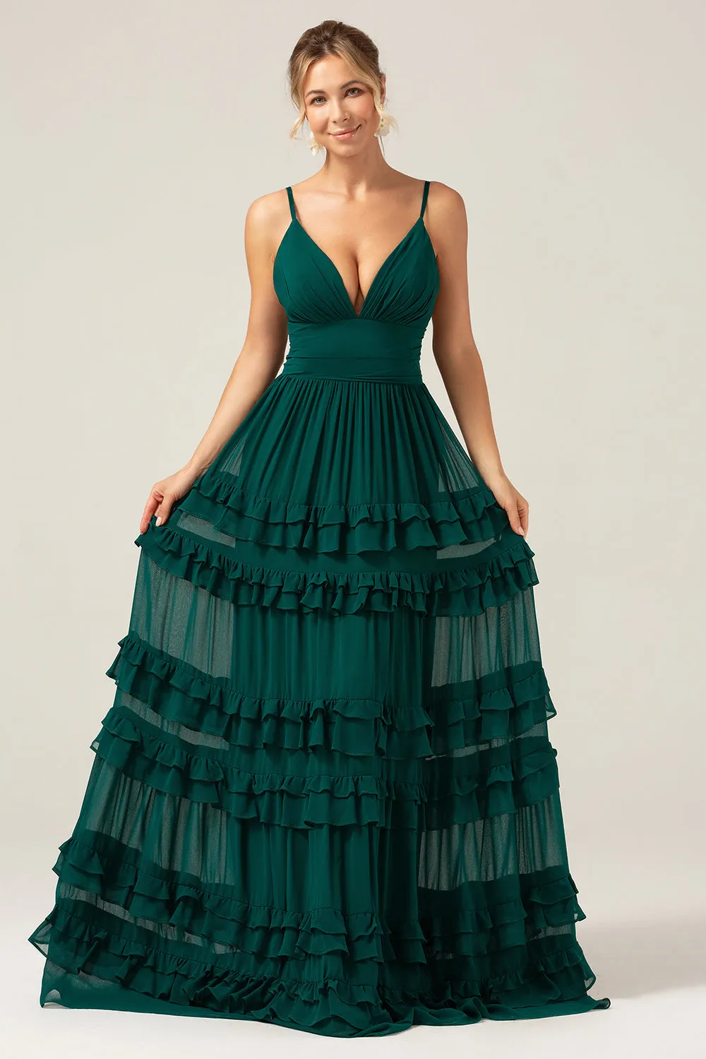 Dark Green A Line Spaghetti Straps Tiered Bridesmaid Dress with Pleated sold by Zapaka