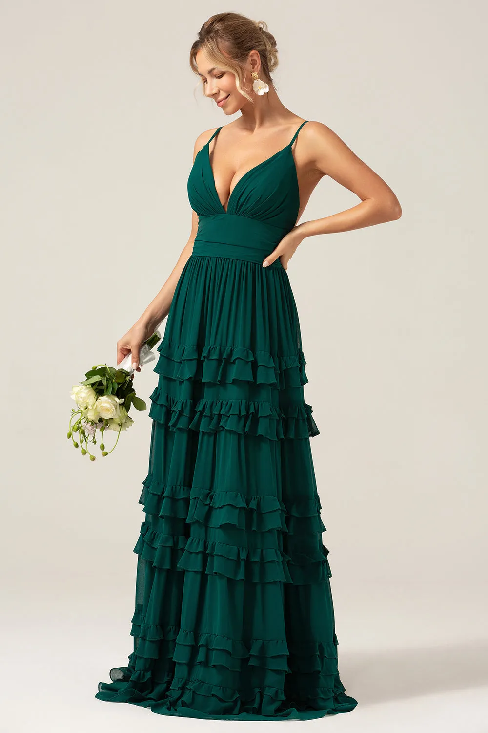 Dark Green A Line Spaghetti Straps Tiered Bridesmaid Dress with Pleated sold by Zapaka product image thumbnail 3