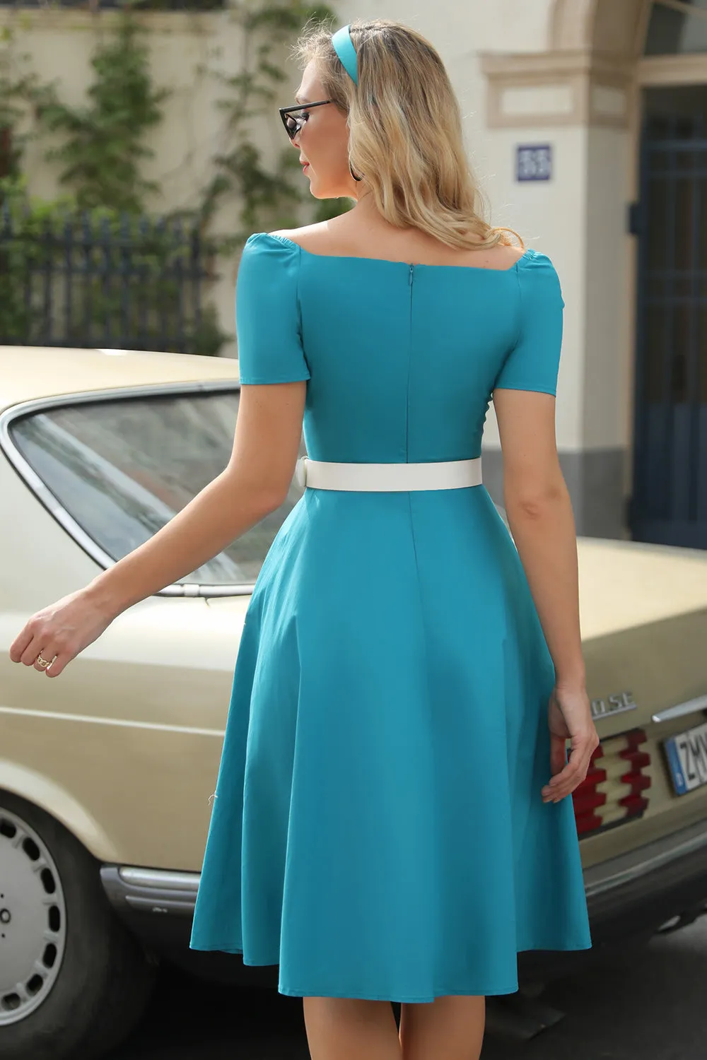 Peacock Blue Short Sleeves 1950s Dress( The Belt is not Included) sold by Zapaka product image thumbnail 2