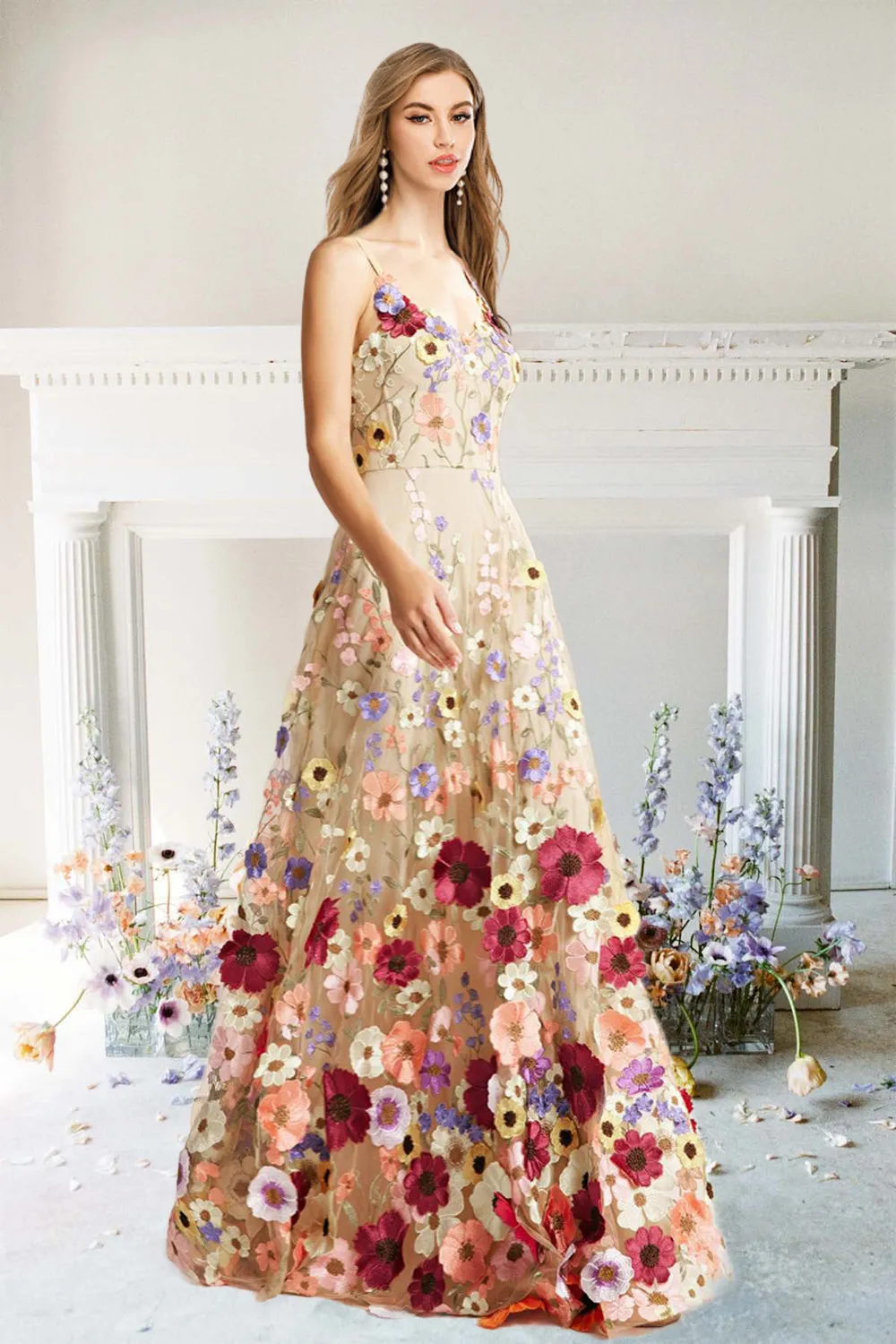 A Line Spaghetti Straps Champagne Long Prom Dress with Appliques sold by Zapaka product image thumbnail 3