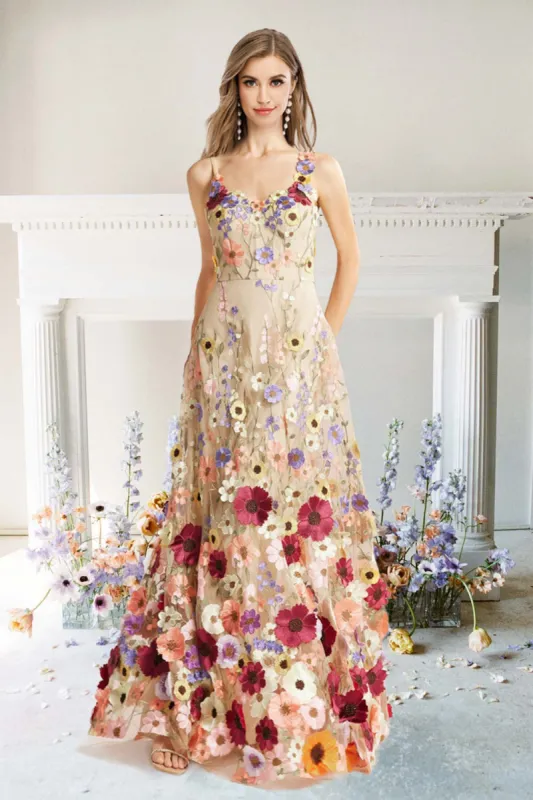 A Line Spaghetti Straps Champagne Long Prom Dress with Appliques sold by Zapaka