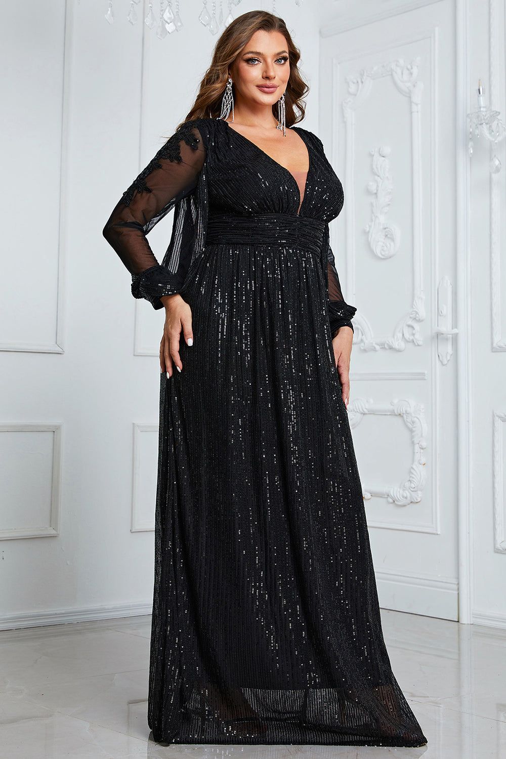 Black Plus Size Sparkly Long Sleeves Mother of the Bride Dress sold by Zapaka product image thumbnail 4
