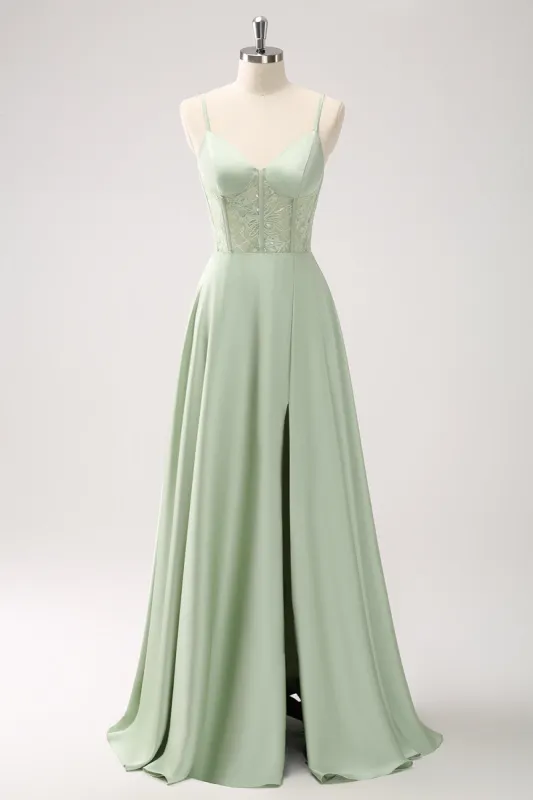 Green Spaghetti Straps A-Line Satin Long Corset Bridesmaid Dress with Slit sold by Zapaka