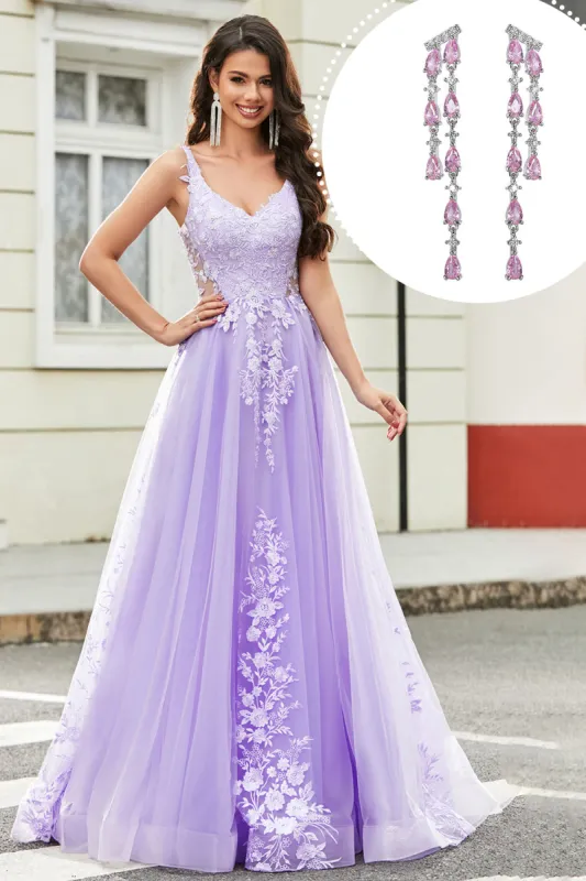 Lilac A Line Appliques Long Prom Dress with Accessory sold by Zapaka