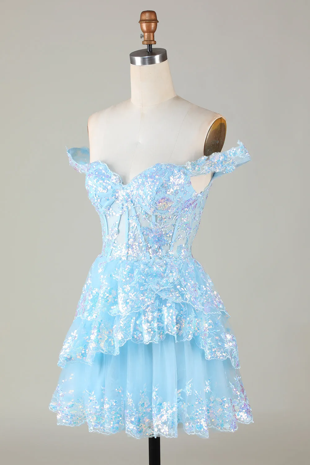 Sparkly Blue Corset Tiered Lace A-Line Short Homecoming Dress sold by Zapaka product image thumbnail 3