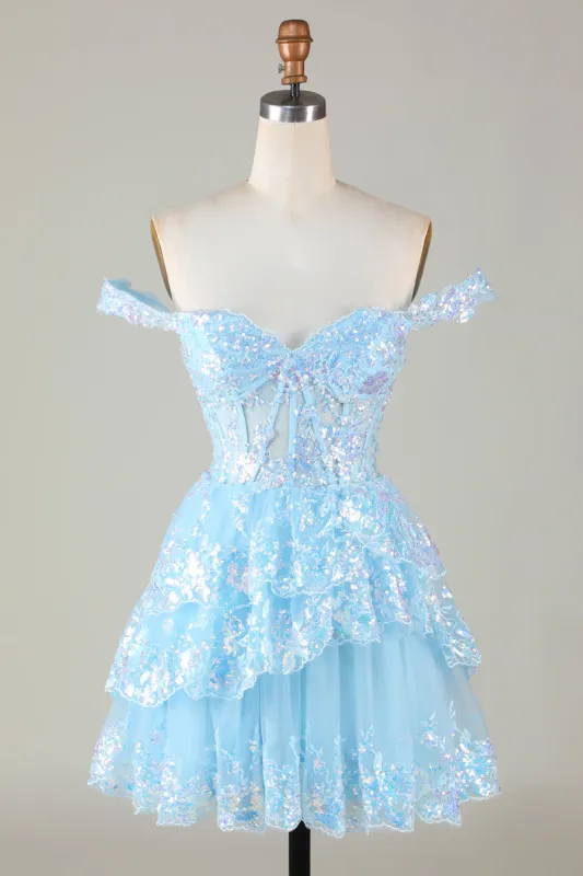 Sparkly Blue Corset Tiered Lace A-Line Short Homecoming Dress sold by Zapaka