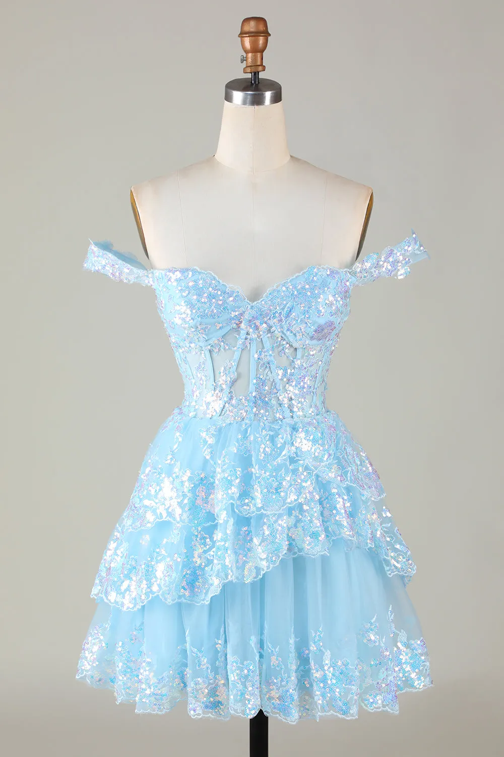 Sparkly Blue Corset Tiered Lace A-Line Short Homecoming Dress sold by Zapaka