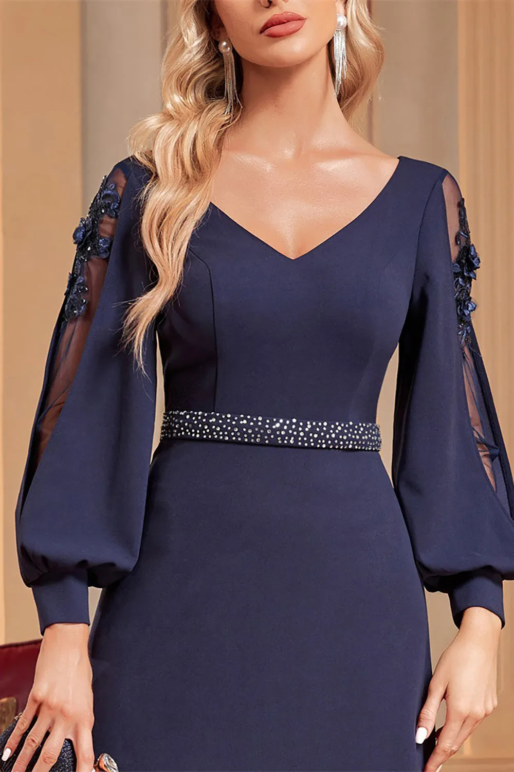 A-Line Long Sleeves Navy Mother of the Bride Dress with Beading sold by Zapaka product image thumbnail 4