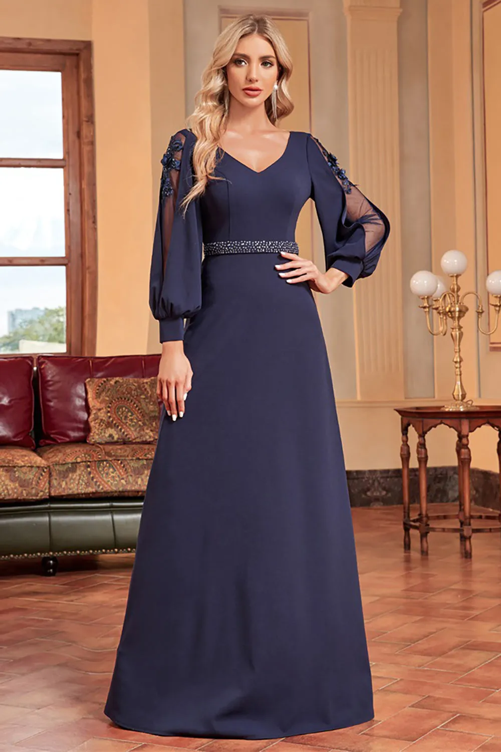 A-Line Long Sleeves Navy Mother of the Bride Dress with Beading sold by Zapaka