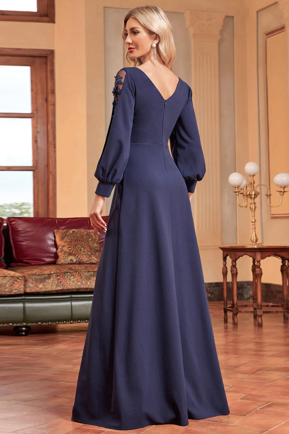 A-Line Long Sleeves Navy Mother of the Bride Dress with Beading sold by Zapaka product image thumbnail 2