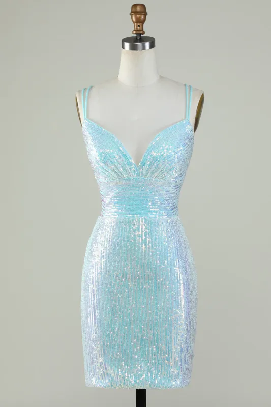 Bling Sheath Spaghetti Straps Light Blue Sequins Short Homecoming Dress with Criss Cross Back sold by Zapaka