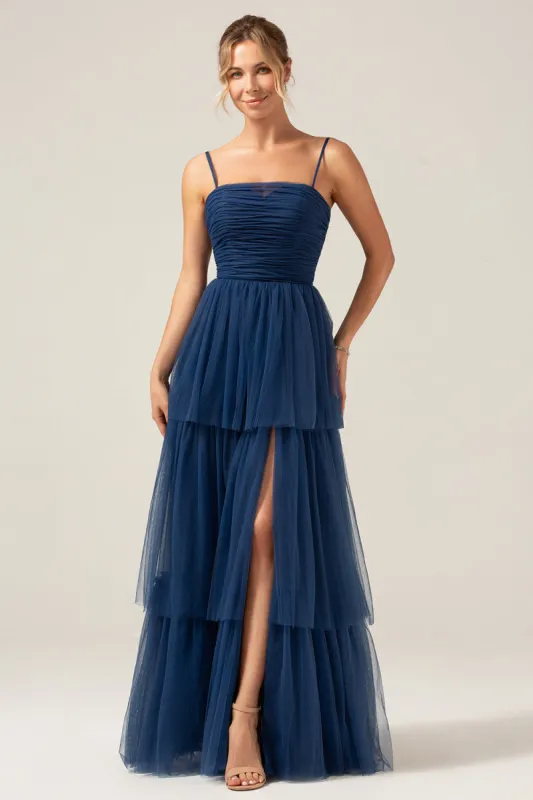 A Line Spaghetti Straps Tiered Navy Tulle Pleated Prom Dress with Slit sold by Zapaka
