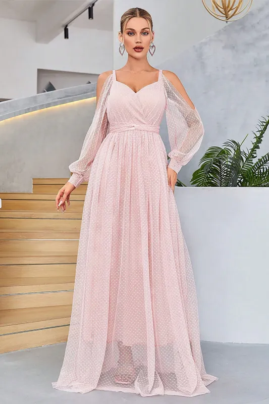 Blush Cold Shoulder Tulle Prom Dress with Polka Dots sold by Zapaka