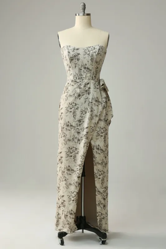 Sheath Sweetheart Grey Printed Bridesmaid Dress with Belt sold by Zapaka