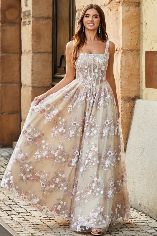 Charming A Line Square Neck Champagne Corset Prom Dress with Appliques sold by Zapaka