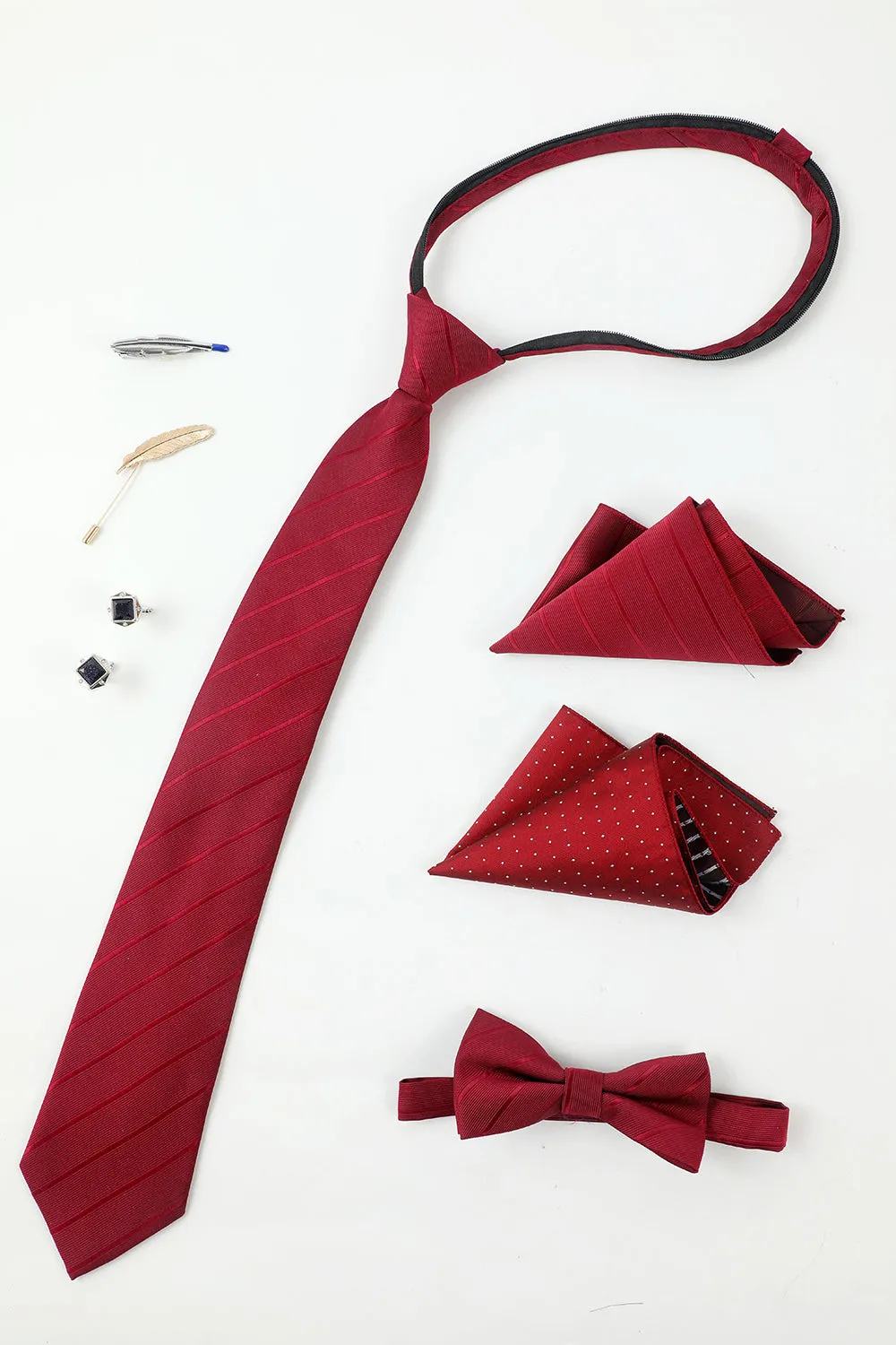 Burgundy Men's Accessory Set Tie and Bow Tie Two Pocket Square Lapel Pin Tie Clip Cufflinks sold by Zapaka product image thumbnail 2
