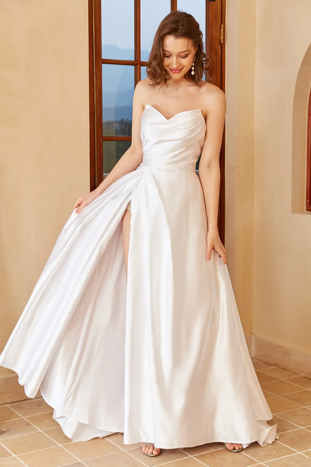White Satin Sweetheart Wedding Dress with Slit sold by Zapaka product image thumbnail 4