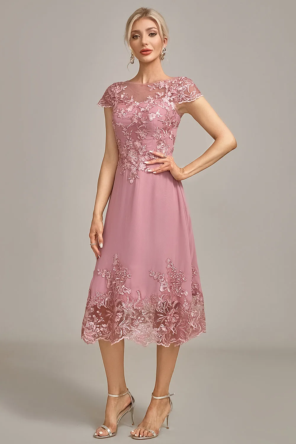Dusty Rose A-Line Tea-Length Mother of the Bride Dress With Sequins sold by Zapaka product image thumbnail 5