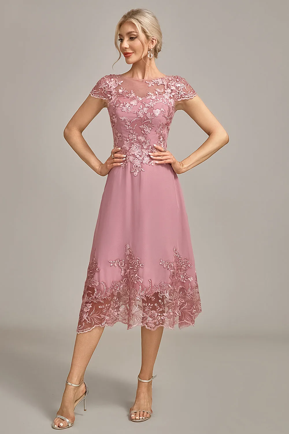 Dusty Rose A-Line Tea-Length Mother of the Bride Dress With Sequins sold by Zapaka