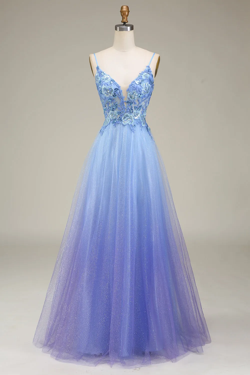 Spakly Blue Tulle Prom Dress with Appliques sold by Zapaka