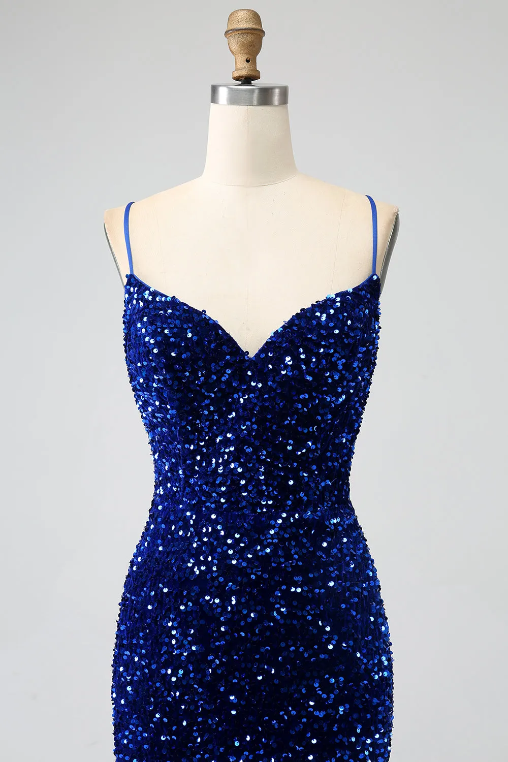 Elegant Royal Blue Mermaid Spaghetti Straps Velvet Sequin Long Prom Dress sold by Zapaka product image thumbnail 5