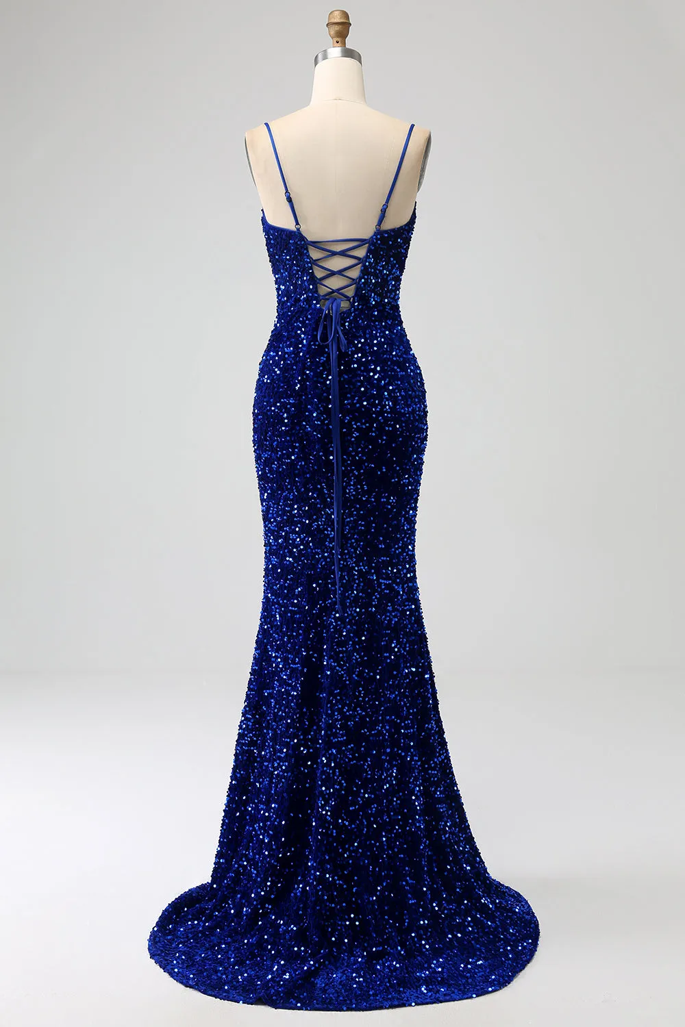 Elegant Royal Blue Mermaid Spaghetti Straps Velvet Sequin Long Prom Dress sold by Zapaka product image thumbnail 2