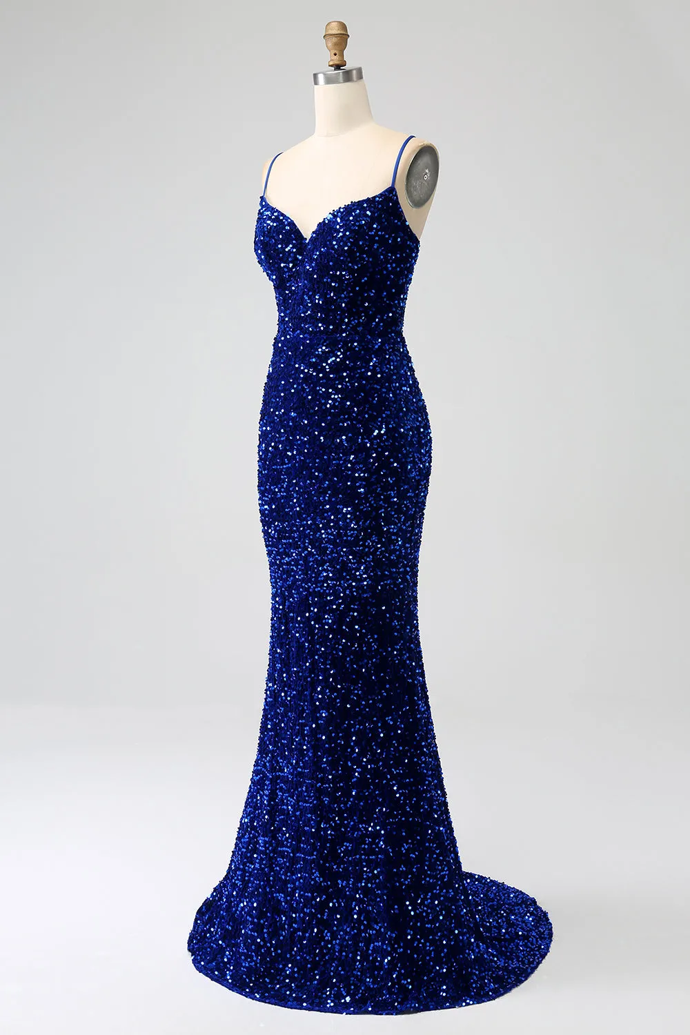 Elegant Royal Blue Mermaid Spaghetti Straps Velvet Sequin Long Prom Dress sold by Zapaka product image thumbnail 3