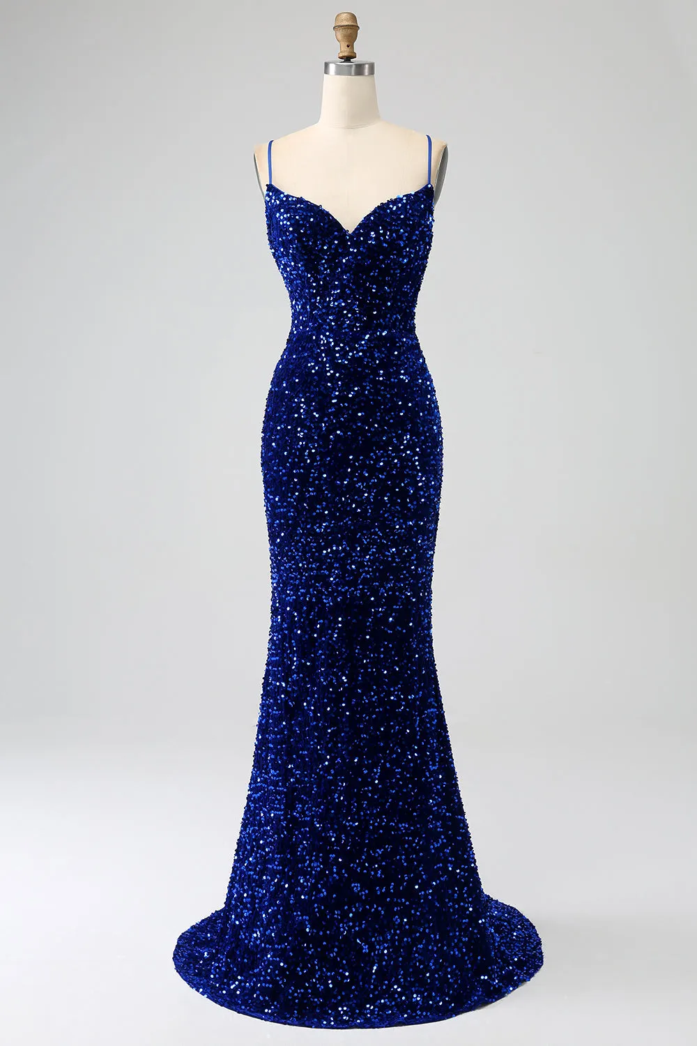 Elegant Royal Blue Mermaid Spaghetti Straps Velvet Sequin Long Prom Dress sold by Zapaka