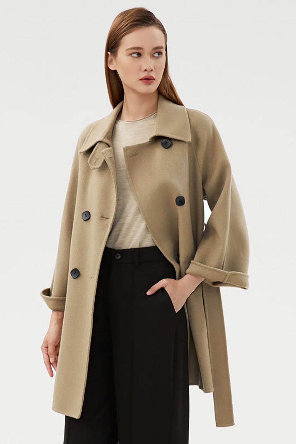 Black Double Breasted Wool Coat With Pockets sold by Zapaka product image thumbnail 5