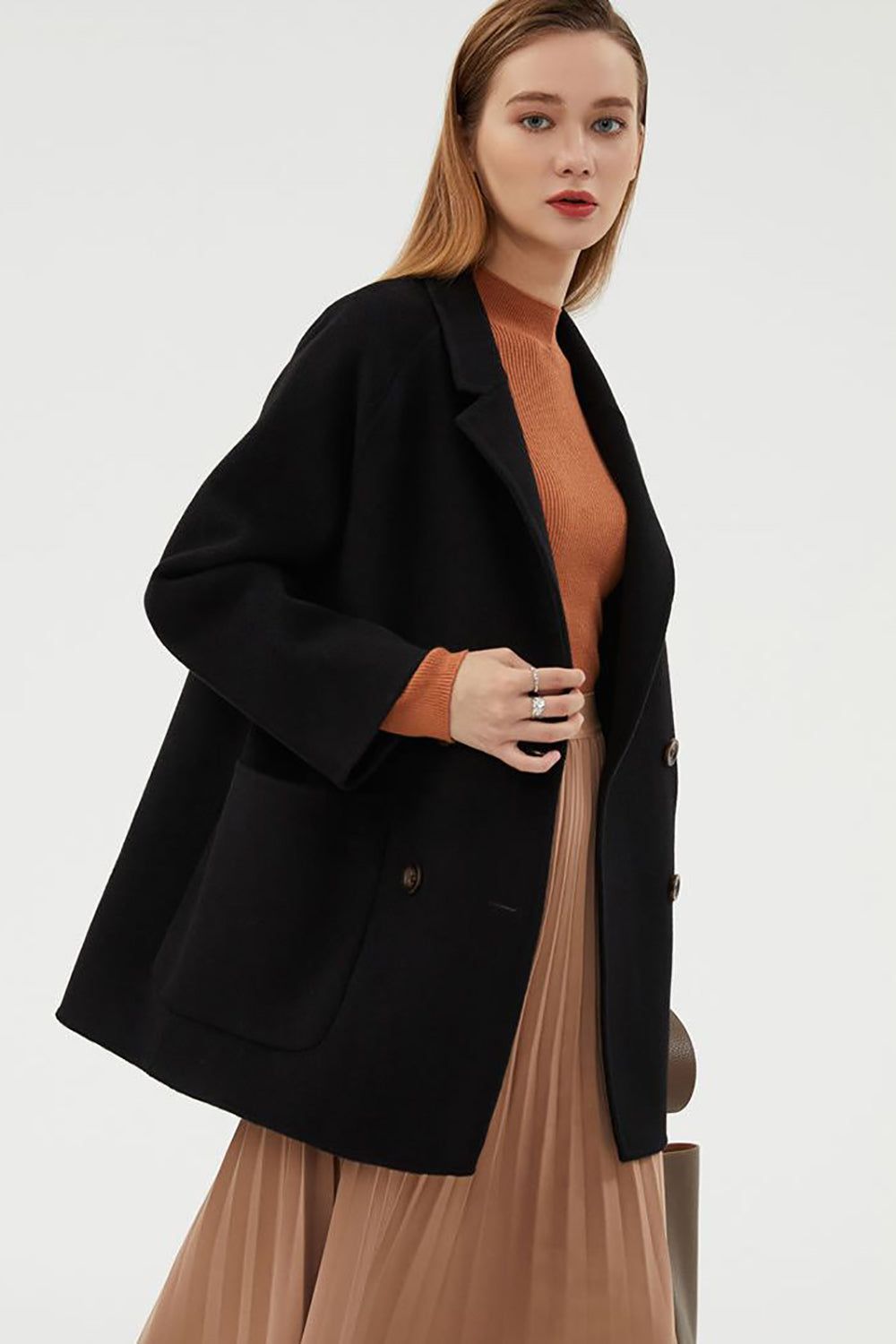 Black Double Breasted Wool Coat With Pockets sold by Zapaka product image thumbnail 2