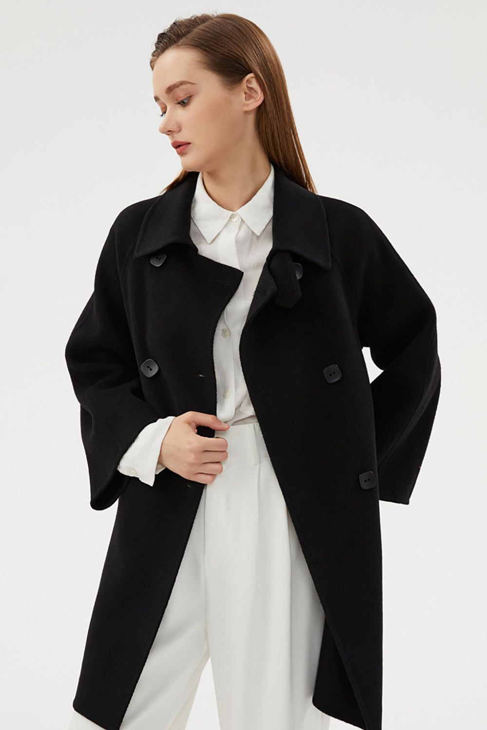 Black Double Breasted Wool Coat With Pockets sold by Zapaka product image thumbnail 3