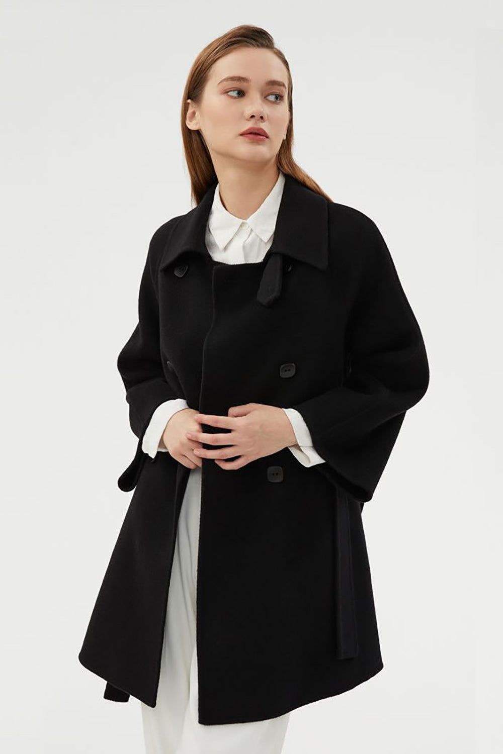 Black Double Breasted Wool Coat With Pockets sold by Zapaka