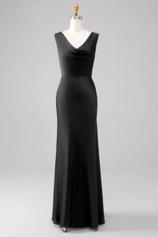Black Mermaid Cowl Neck Satin Long Bridesmaid Dress sold by Zapaka