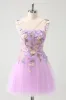 Purple A Line Halter Flowers Tulle Short Homecoming Dress sold by Zapaka