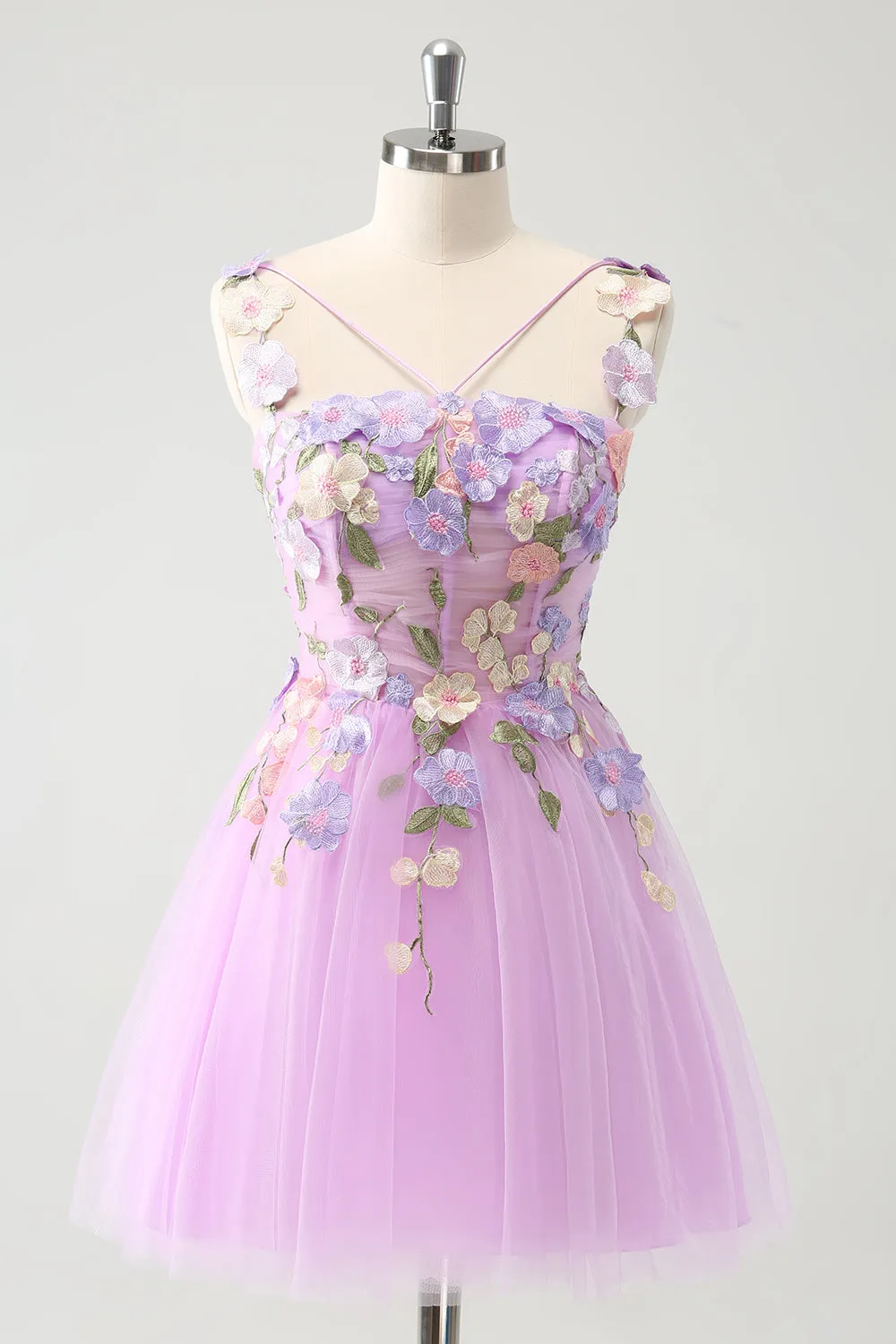 Purple A Line Halter Flowers Tulle Short Homecoming Dress sold by Zapaka