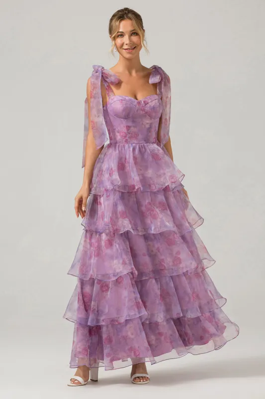 A Line Purple Printed Tiered Tea-Length Long Prom Dress sold by Zapaka