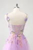 Purple A Line Halter Flowers Tulle Short Homecoming Dress sold by Zapaka