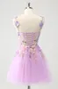 Purple A Line Halter Flowers Tulle Short Homecoming Dress sold by Zapaka