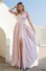 Blush A Line Spaghetti Straps Sequins Long Bridesmaid Dress with Slit sold by Zapaka