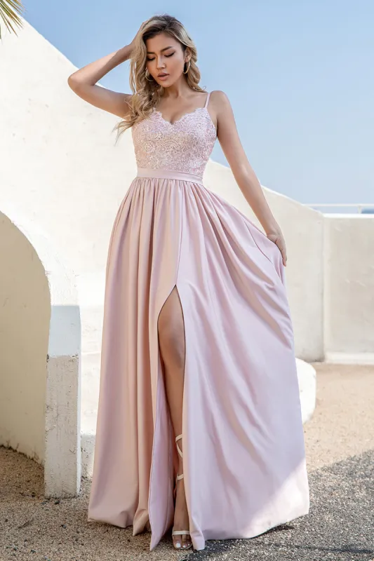 Blush A Line Spaghetti Straps Sequins Long Bridesmaid Dress with Slit sold by Zapaka