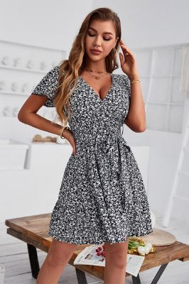 V Neck Black Printed Summer Dress with Short Sleeves sold by Zapaka