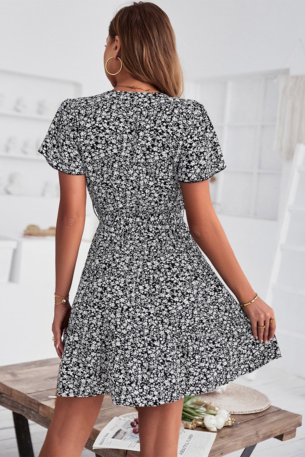 V Neck Black Printed Summer Dress with Short Sleeves sold by Zapaka product image thumbnail 2